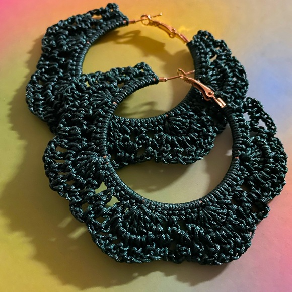 CROCHET LACEY HOOP EARRINGS- JUNGLE GREEN - Picture 1 of 3